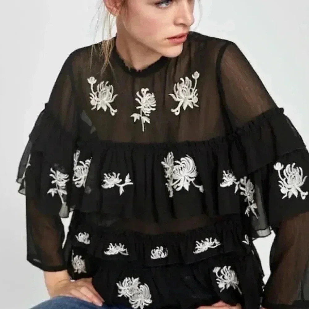 Zara RARE Embroidered Floral Black Tiered Blouse Too Size XS NWT - Picture 14 of 14